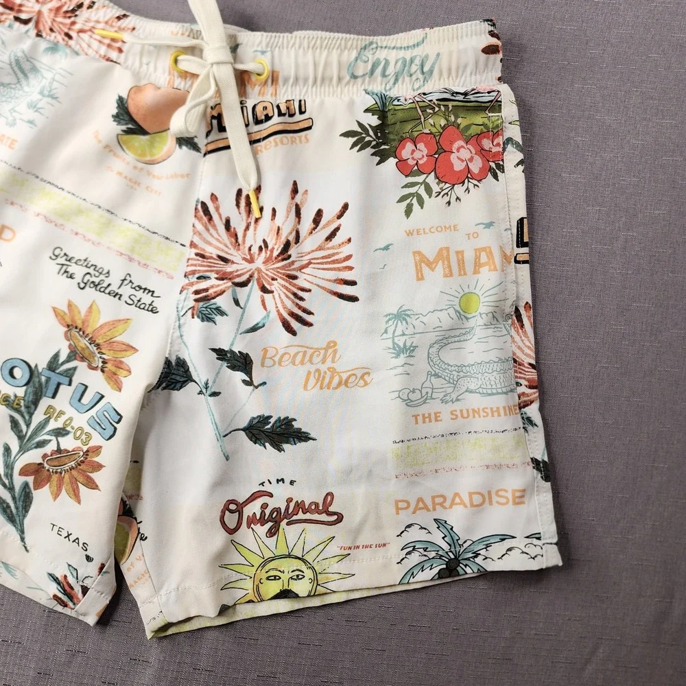 Malibu by Drill Clothing Co Mens Medium Swim Shorts Beach Postcard Print Resort